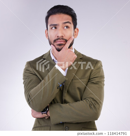 Business man, hand on face and thinking in studio with ideas or strategy on a gray background. Serious asian male entrepreneur think while confused, doubt or contemplating question on mockup space 118414791
