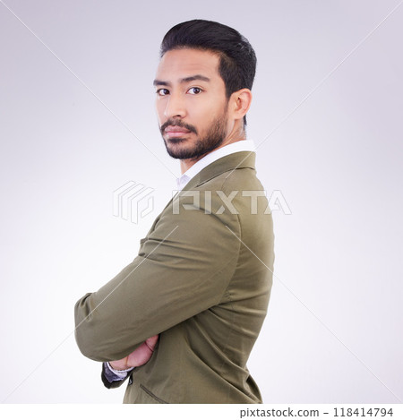 Business man, serious and portrait with arms crossed in studio with pride for career on gray background. Asian male entrepreneur with dedication and ambition for professional occupation mockup space 118414794