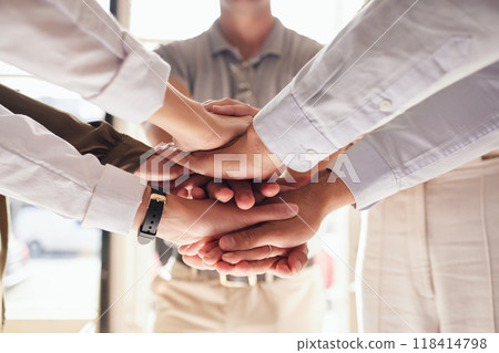 Teamwork, collaboration and hands stacked for support, target or team building mission in office circle or group. Business people with together hand sign for community goals or professional workflow 118414798