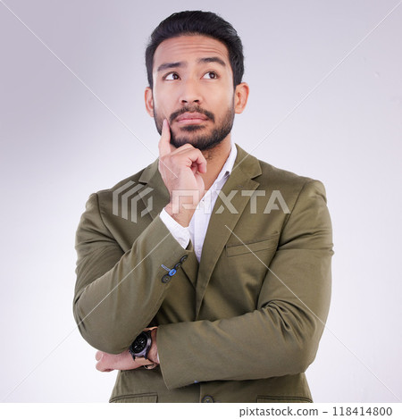 Business man, thinking face and planning in studio with ideas or strategy on a gray background. Asian male entrepreneur think with hand on chin while pensive or contemplating question or thought 118414800