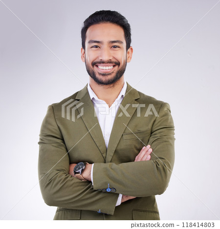 Smile, crossed arms and portrait of business man in studio for success, confidence mindset and leadership. Corporate manager, ceo and happy face of male on white background in professional clothes Smile, crossed arms and portrait of business man in studio for success, confidence mindset and leadership. Corporate manager, ceo and happy face of male on white background in professional clothes 118414803