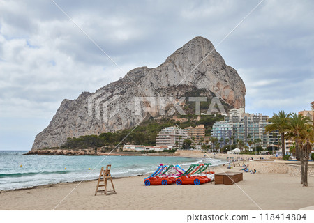 Picturesque Mediterranean Coastline Calpe Iconic Cliff Beach Leisure Activities Tropical Palms Hot Summer Day Spanish Riviera 118414804