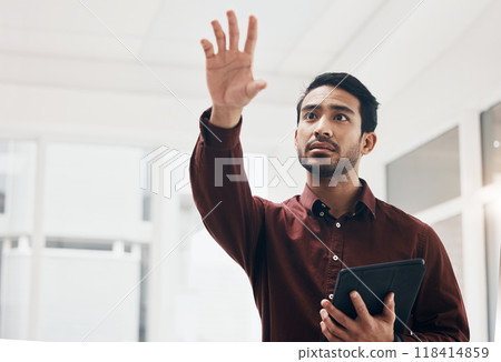 Virtual, tablet and person gesture at architect engineering design, cyber UI schematic or blueprint digital transformation. Floor plan screen, IOT dashboard hud and architect man remodeling office 118414859