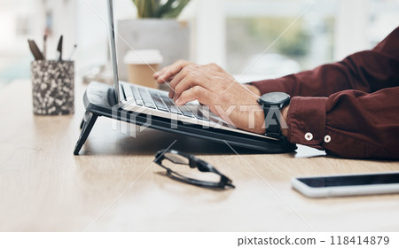 Business man, hands and typing on laptop, information technology and tech support and working in office. Keyboard, glitch or 404 with software update, male at desk with digital problem solving Business man, hands and typing on laptop, information technology and tech support and working in office. Keyboard, glitch or 404 with software update, male at desk with digital problem solving 118414879