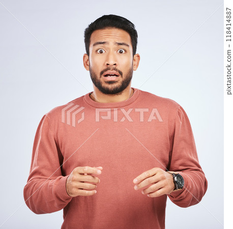 Wtf, wow and portrait of asian man with surprise in studio for gossip, secret or drama on grey background. Omg, face and male person with emoji expression for terror, horror or shocking news or rumor Wtf, wow and portrait of asian man with surprise in studio for gossip, secret or drama on grey background. Omg, face and male person with emoji expression for terror, horror or shocking news or rumor 118414887