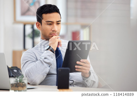 Tablet, thinking and business man in office with stock market research, investment decision and choice. Idea, solution and focus of asian person or accountant reading, tech and digital finance report Tablet, thinking and business man in office with stock market research, investment decision and choice. Idea, solution and focus of asian person or accountant reading, tech and digital finance report 118414889