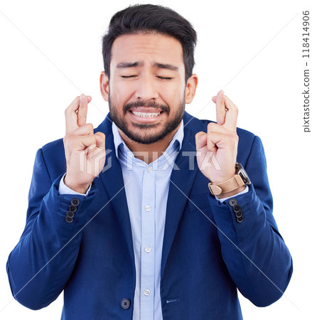 Hope, business man and fingers crossed while waiting for announcement, bonus feedback or sign on white background. Face of nervous asian worker wish of belief, emoji or anxiety of promotion in studio 118414906