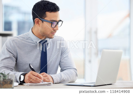 Writing, laptop and business man, accountant or employee with finance, budget and analysis or career notebook. Journal, bookkeeping notes and person reading financial report on computer for reminder 118414908