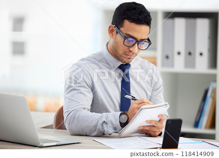 Notebook, writing and business man in office administration, bookkeeping and management career with schedule. Reminder, job priority and journal of professional employee or admin worker with notes 118414909