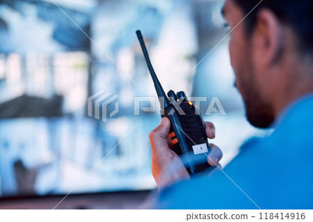 Security guard, radio and cctv monitor, communication and inspection service for building safety. Screen, video surveillance agency and law officer in control room talking on two way intercom system. 118414916
