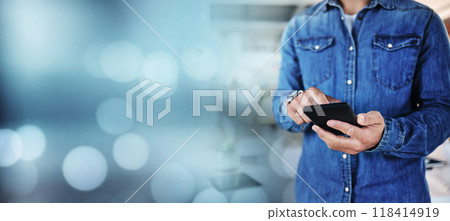 Banner, businessman or hands texting on a phone for social media, internet post or notification in office. Digital, mockup space or entrepreneur texting or searching for online shopping on mobile app Banner, businessman or hands texting on a phone for social media, internet post or notification in office. Digital, mockup space or entrepreneur texting or searching for online shopping on mobile app 118414919