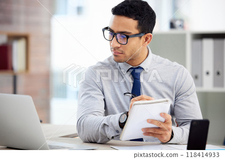 Writing, computer and business man, accountant or employee of finance, budget or analysis in career notebook. Journal, bookkeeping notes and person reading financial report on laptop for job priority Writing, computer and business man, accountant or employee of finance, budget or analysis in career notebook. Journal, bookkeeping notes and person reading financial report on laptop for job priority 118414933
