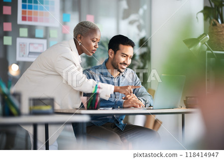 Office laptop, diversity teamwork and happy people review media application layout, creative design or research project. Collaboration, designer or professional team working on app development report 118414947