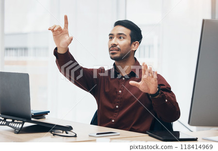 Virtual screen, office gesture and man work at ux web design, app wireframe or website digital transformation. Information technology, dashboard hud and male graphic designer render multimedia system 118414969