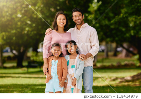 Portrait of happy family, parents and kids smile together in trees, bonding and time in nature. Mother, father and children on grass field in woods for fun outdoor adventure in garden with mock up. Portrait of happy family, parents and kids smile together in trees, bonding and time in nature. Mother, father and children on grass field in woods for fun outdoor adventure in garden with mock up. 118414979