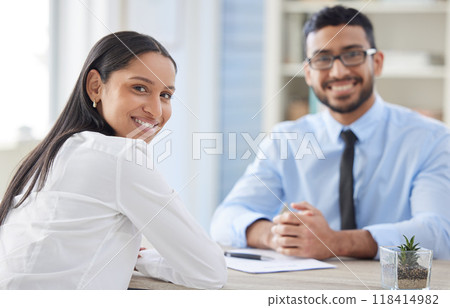 Meeting, office and portrait of business people for interview, job vacancy and career opportunity. Corporate boss, recruitment and happy man and woman for hiring with resume, contract or CV documents Meeting, office and portrait of business people for interview, job vacancy and career opportunity. Corporate boss, recruitment and happy man and woman for hiring with resume, contract or CV documents 118414982