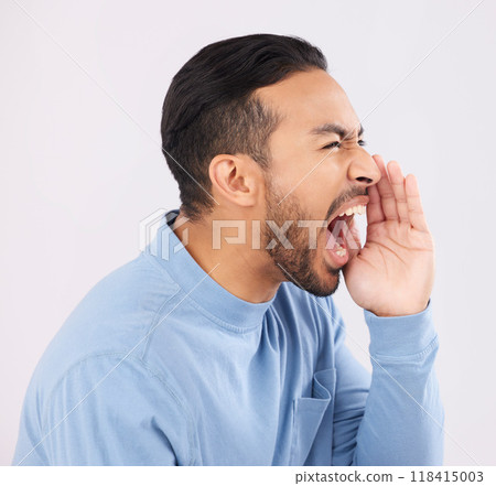 Hands, screaming and angry asian man in studio with announcement, message or warning on grey background. Noise, news and shouting Japanese guy with deal, sale or coming soon promotion, speech or info Hands, screaming and angry asian man in studio with announcement, message or warning on grey background. Noise, news and shouting Japanese guy with deal, sale or coming soon promotion, speech or info 118415003