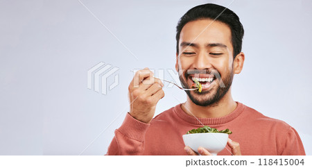 Fruit, healthy food and happy asian man in studio for health, wellness or detox on grey background. Breakfast, salad and face of guy nutritionist smile for clean, green or raw diet or vegan lifestyle Fruit, healthy food and happy asian man in studio for health, wellness or detox on grey background. Breakfast, salad and face of guy nutritionist smile for clean, green or raw diet or vegan lifestyle 118415004