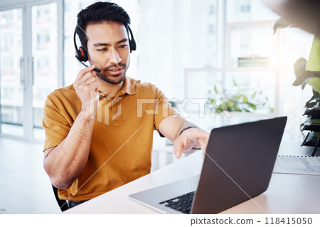 Customer support laptop, call center and man talking on contact us, telemarketing communication or online telecom. Web consultant, information technology or male callcenter consulting on microphone Customer support laptop, call center and man talking on contact us, telemarketing communication or online telecom. Web consultant, information technology or male callcenter consulting on microphone 118415050