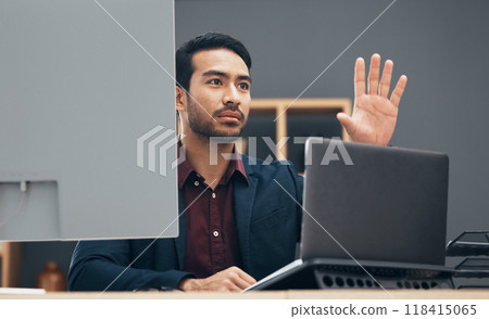 Laptop, virtual cyber gesture and man work on ux web design, app wireframe or website digital transformation. Information technology, dashboard hud and graphic designer rendering multimedia software 118415065