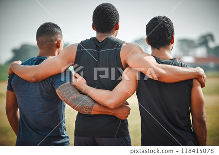 Back, group hug and athlete men with teamwork outdoor for running, sports or workout. Collaboration, hugging and rear view of people, friends and runners for fitness, support and exercise together. Back, group hug and athlete men with teamwork outdoor for running, sports or workout. Collaboration, hugging and rear view of people, friends and runners for fitness, support and exercise together. 118415078