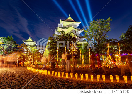 Iga City, Mie Prefecture: Lights lined up around the castle tower and Honmaru during the summer light-up event at Iga Ueno Castle Iga City, Mie Prefecture: Lights lined up around the castle tower and Honmaru during the summer light-up event at Iga Ueno Castle 118415108