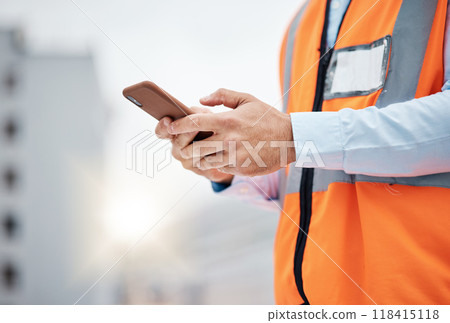 Phone, engineering and hands of man in city for architecture, construction site and communication. Building, social media and mobile app with closeup of contractor for contact, networking and mockup 118415118