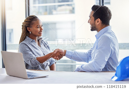 Architecture, handshake and woman with partner for construction planning, thank you and success or deal in office. B2b, diversity and engineering meeting of contractor or happy people shaking hands Architecture, handshake and woman with partner for construction planning, thank you and success or deal in office. B2b, diversity and engineering meeting of contractor or happy people shaking hands 118415119