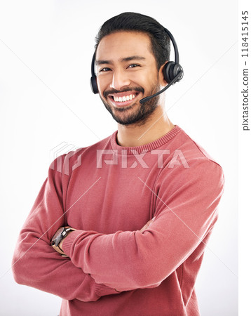 Confident customer service, face portrait or happy man telemarketing on contact us CRM or consulting telecom. Callcenter communication, arms crossed and male studio agent isolated on white background 118415145