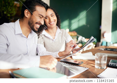 Collaboration, documents and strategy with a business team in the office, working together on a report. Teamwork, paper or planning with man and woman colleagues or employees at work on a proposal Collaboration, documents and strategy with a business team in the office, working together on a report. Teamwork, paper or planning with man and woman colleagues or employees at work on a proposal 118415165