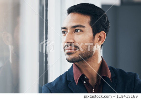 Window, face or architect man thinking of real estate project, office view or business mission. Relax expert realtor, property developer vision or person planning architecture engineering development 118415169