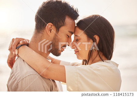 Couple, forehead touch and hug with love and travel, sun and sea with care on vacation in Mexico. Commitment, support and trust in relationship, tourism and people embrace with peace and affection Couple, forehead touch and hug with love and travel, sun and sea with care on vacation in Mexico. Commitment, support and trust in relationship, tourism and people embrace with peace and affection 118415173