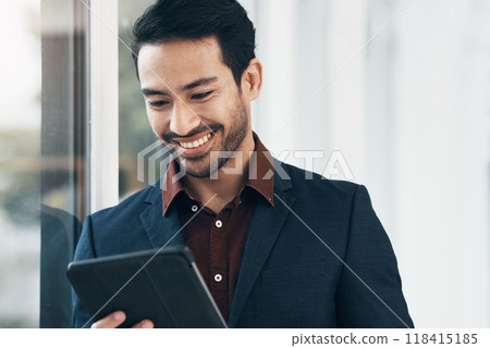 Office, tablet and business man happy for positive financial savings, finance budget report or administration feedback. Growth analytics, data analysis review and person smile for research statistics 118415185