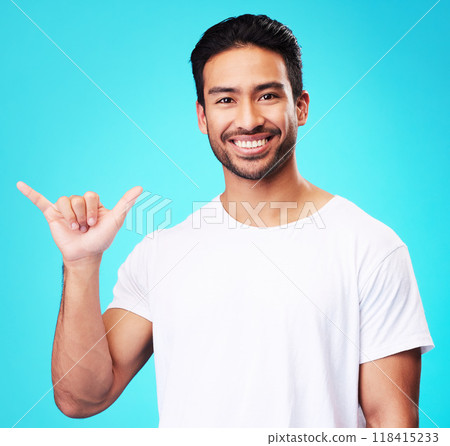 Man, smile and shaka in studio portrait with sign language, icon and youth by blue background. Indian student guy, fashion model and hand for call me, emoji and happy with gesture, symbol or contact 118415233