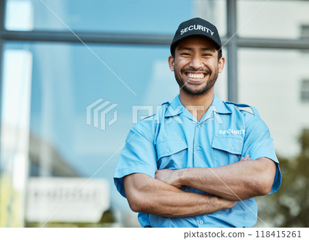 Happy man, portrait and security guard with arms crossed in city for career safety or outdoor protection. Male person, police or officer smile in confidence, law enforcement or patrol in urban town 118415261