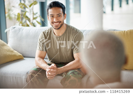 Smile, soldier and man with psychologist for therapy, consultation and military communication. Happy, army veteran and counselling with therapist for mental health, help or support on sofa in office 118415269