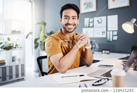 Confidence, success and portrait of a businessman in the office while working on project with laptop. Happy, smile and professional male employee planning corporate report with computer in workplace. Confidence, success and portrait of a businessman in the office while working on project with laptop. Happy, smile and professional male employee planning corporate report with computer in workplace. 118415285