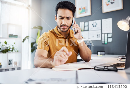 Phone call, confused and Asian man with problem in office for issue, mistake and error in office. Communication, business and male worker on smartphone talking, frustrated and consulting for help Phone call, confused and Asian man with problem in office for issue, mistake and error in office. Communication, business and male worker on smartphone talking, frustrated and consulting for help 118415290