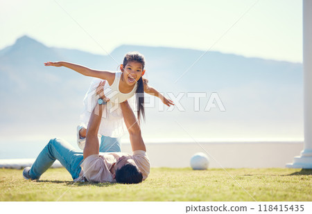 Love, father and girl in air, outdoor and happiness on summer vacation, break and relax together. Family, dad holding daughter to sky and parent with child, smile or quality time on grass and holiday Love, father and girl in air, outdoor and happiness on summer vacation, break and relax together. Family, dad holding daughter to sky and parent with child, smile or quality time on grass and holiday 118415435