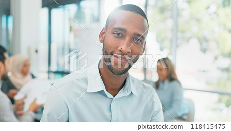 Portrait, smile and a business black man in the office with his team for a planning meeting. Face, management and a happy young professional employee in the boardroom for corporate collaboration 118415475