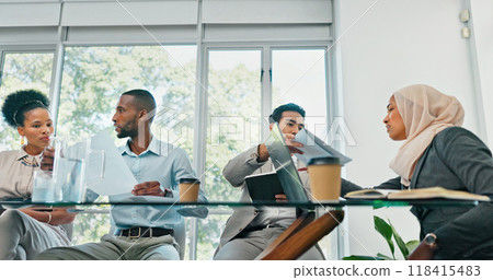 Meeting, teamwork for problem solving and group of business people in a boardroom together for strategy. Collaboration, paper or diversity with an employee team in an office for game plan discussion Meeting, teamwork for problem solving and group of business people in a boardroom together for strategy. Collaboration, paper or diversity with an employee team in an office for game plan discussion 118415483