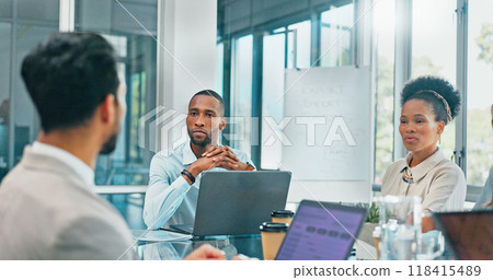 Planning, black man or business people in meeting on laptop for analytics, mission or research. Project management, teamwork or group collaboration on tech for agenda, discussion or team feedback Planning, black man or business people in meeting on laptop for analytics, mission or research. Project management, teamwork or group collaboration on tech for agenda, discussion or team feedback 118415489