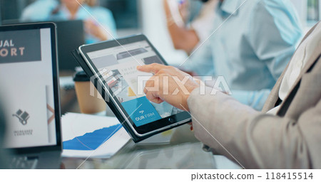 Tablet, insight or hands of businessman in meeting for online info analysis, planning or project management. Research, UX closeup or team collaboration on screen for data analytics or digital review 118415514