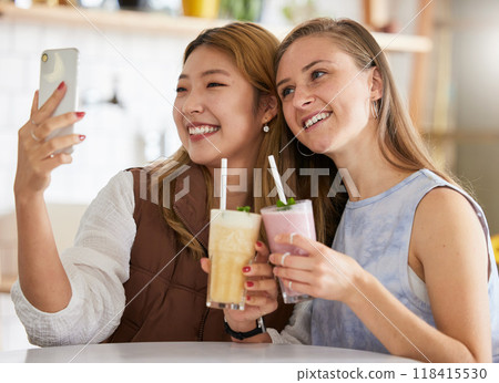 Selfie, cocktails or friends take profile picture in cafe with happy smile on holiday vacation or weekend. Social media, Asian or young women smiling in restaurant for fun brunch date with drinks 118415530