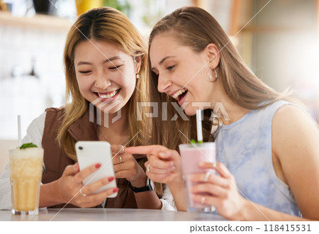 Funny, phone or friends on social media in cafe with happy smile on holiday vacation or weekend. Fake news, web or gen z women reading crazy gossip content on mobile app on date with cocktails drinks 118415531