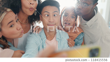 Business people, friends and selfie with funny face in office with fish lips, pout or kiss for crazy team. Startup group, colleagues or comic profile picture for diversity, solidarity or social media Business people, friends and selfie with funny face in office with fish lips, pout or kiss for crazy team. Startup group, colleagues or comic profile picture for diversity, solidarity or social media 118415556