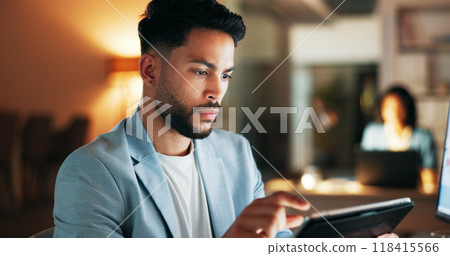 Businessman, tablet and planning in night office for online communication, networking or creative startup website. Professional male person, web design or deadline research of project planning report Businessman, tablet and planning in night office for online communication, networking or creative startup website. Professional male person, web design or deadline research of project planning report 118415566