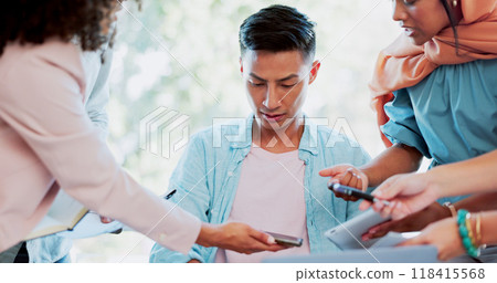 Business, chaos and man with multitasking stress, pressure or workload burnout in office with busy team. Management, anxiety and Asian guy manager overwhelmed by compliance, question or deadline fail 118415568