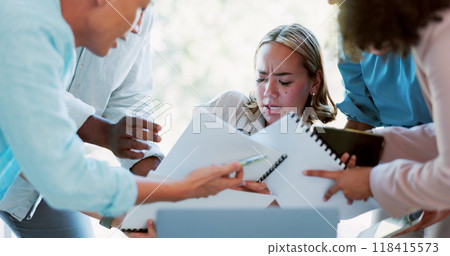 Business, stress and chaos by woman in office overwhelmed by team with compliance documents. Workload, anxiety and lady manager with time management fail, problem for tax, audit or paperwork question Business, stress and chaos by woman in office overwhelmed by team with compliance documents. Workload, anxiety and lady manager with time management fail, problem for tax, audit or paperwork question 118415573