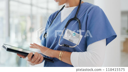 Tablet, online and hands of person for medical information, hospital and research for test results. Closeup, nurse and doctor with digital tech for telehealth, data review and planning healthcare 118415575